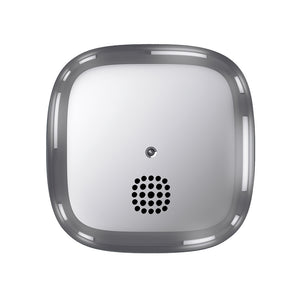 Silver chrome square smoke alarm with rounded edges. It has a smooth, sleek and stylish appearance.