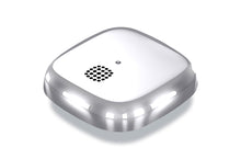 Silver chrome square smoke alarm with rounded edges. It has a smooth, sleek and stylish appearance.