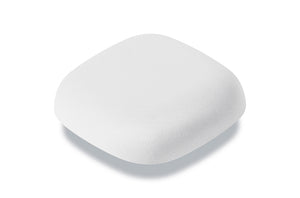 White square smoke alarm with rounded edges. It has a fabric cover to give it a smooth, sleek and stylish appearance. 