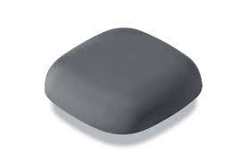 Dark grey square smoke alarm with rounded edges. It has a fabric covering to give it a smooth, sleek and stylish appearance.
